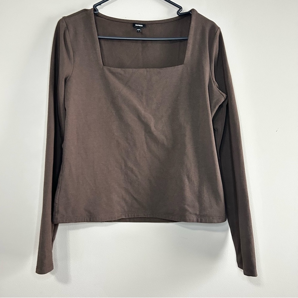 Express Brown Long Sleeve Square Neck Top